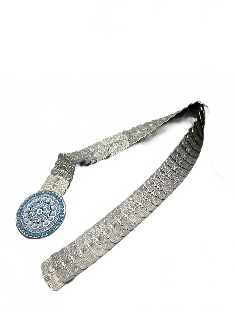 Embossed Ornamental Metal Belt with Blue Decorative Buckle